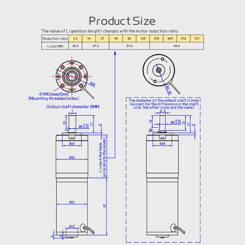 32GP-31ZY Miniature Planetary Reducer Motor Low Speed DC 12/24V   - Diagram