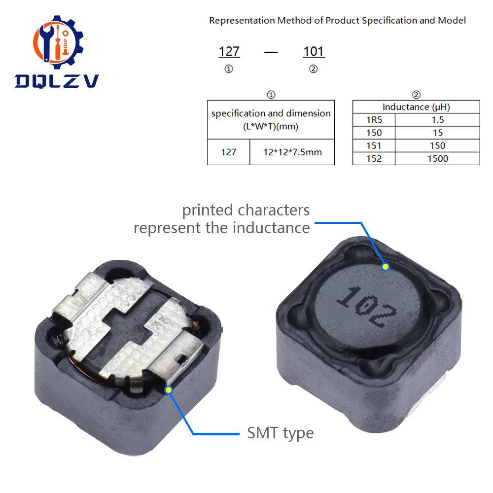 Two inductor components with specifications and model numbers labeled, featuring the brand 'DOLZV'.