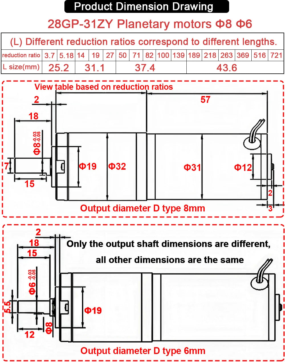 Technical drawing of planetary motors with dimensions and reduction ratios.