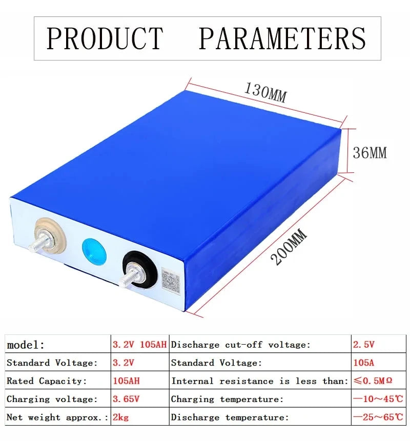 LiFePO4 Battery 105Ah Cell Battery - Grade A - Product parameters