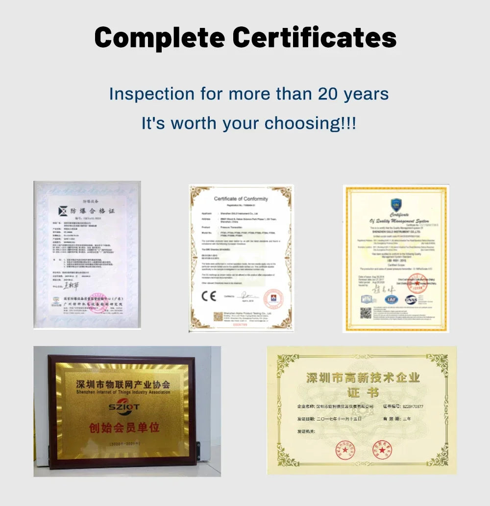 Collection of certificates on a white background with text about inspection experience.