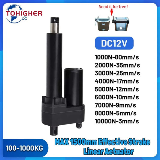 DC12V linear actuator with specifications on a blue background, featuring the brand 'TOHIGHER'.