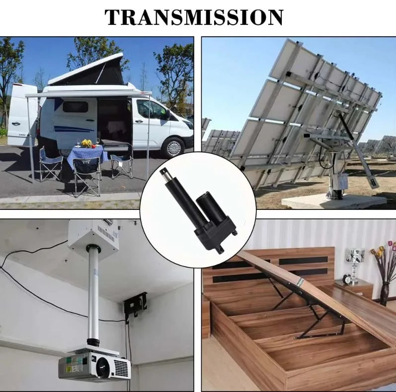 Collage of RV accessories including a solar panel, awning, and bed lift mechanism with 'TRANSMISSION' text.