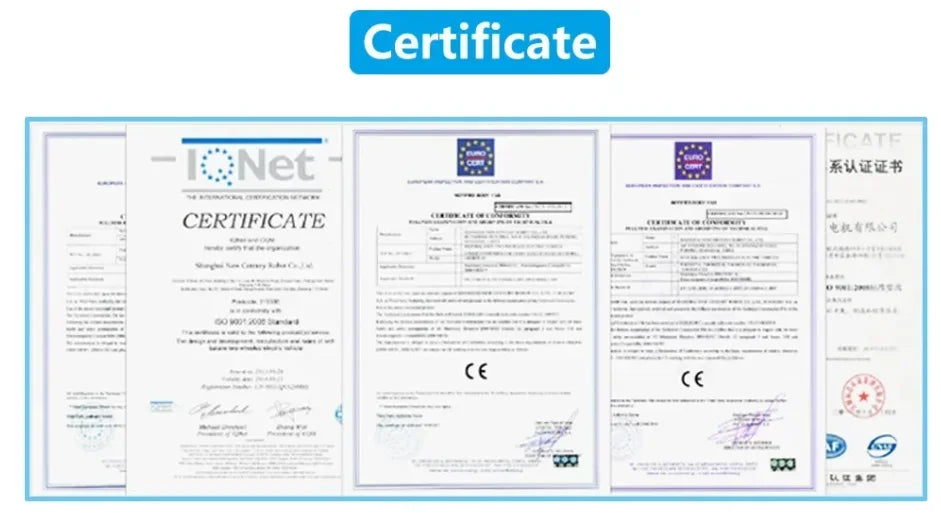 Collection of certification documents with logos and text on a white background