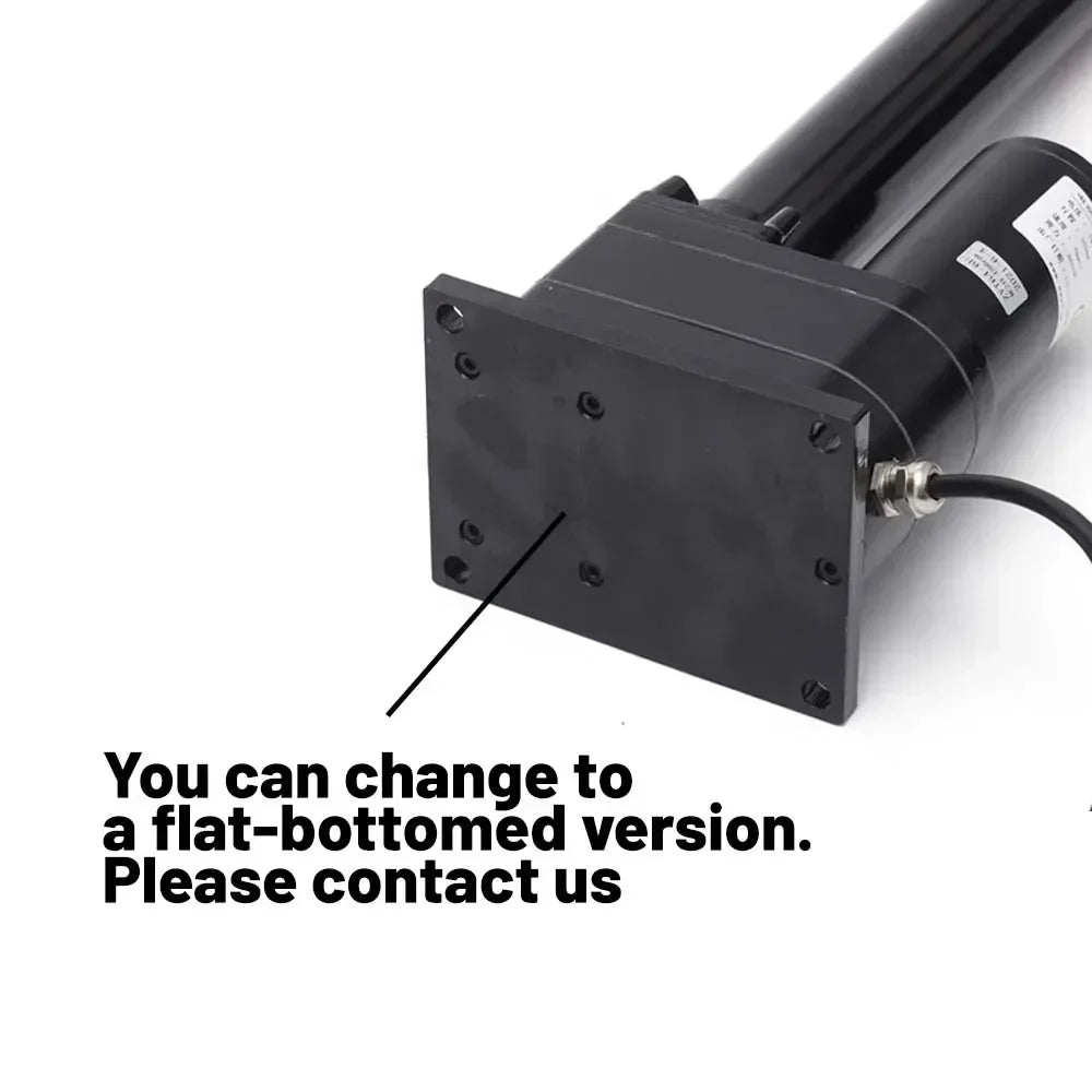 Black mechanical component with text indicating a flat-bottomed version option.