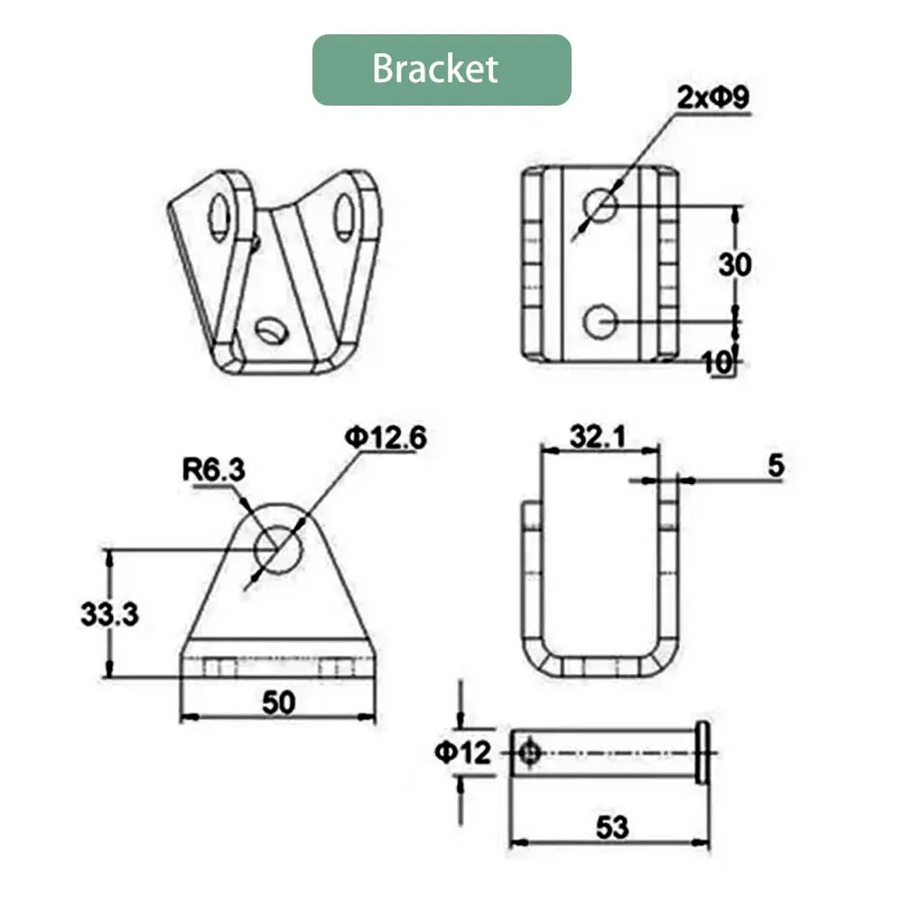Technical drawing of a bracket with dimensions and labels