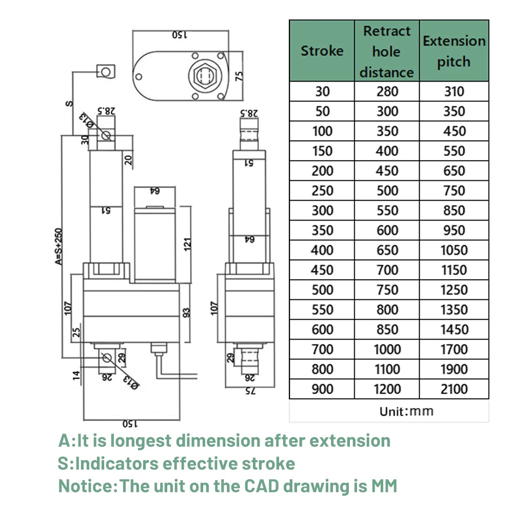 Technical drawing and measurement table of a mechanical component with dimensions in millimeters.