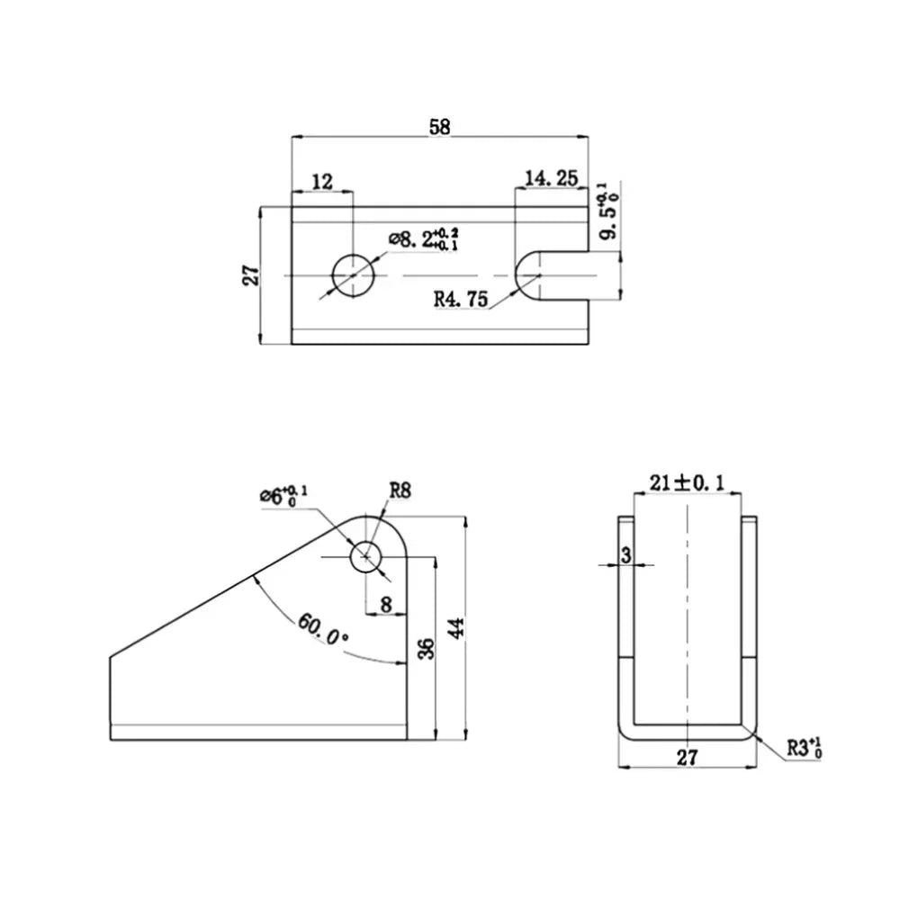 Technical drawing with dimensions and geometric shapes on a white background