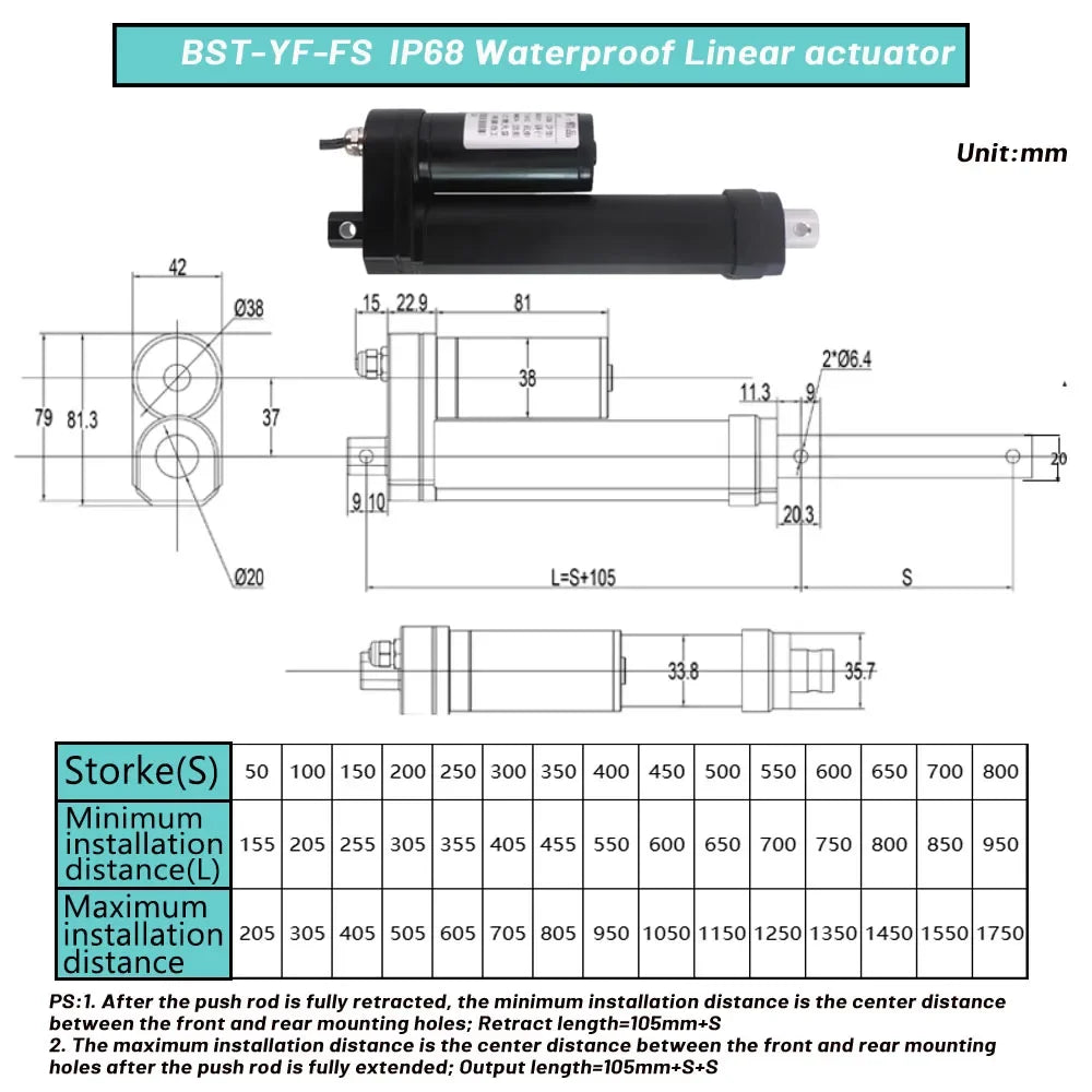 Technical drawing and specifications of a BST-YF-FS IP68 waterproof linear actuator.