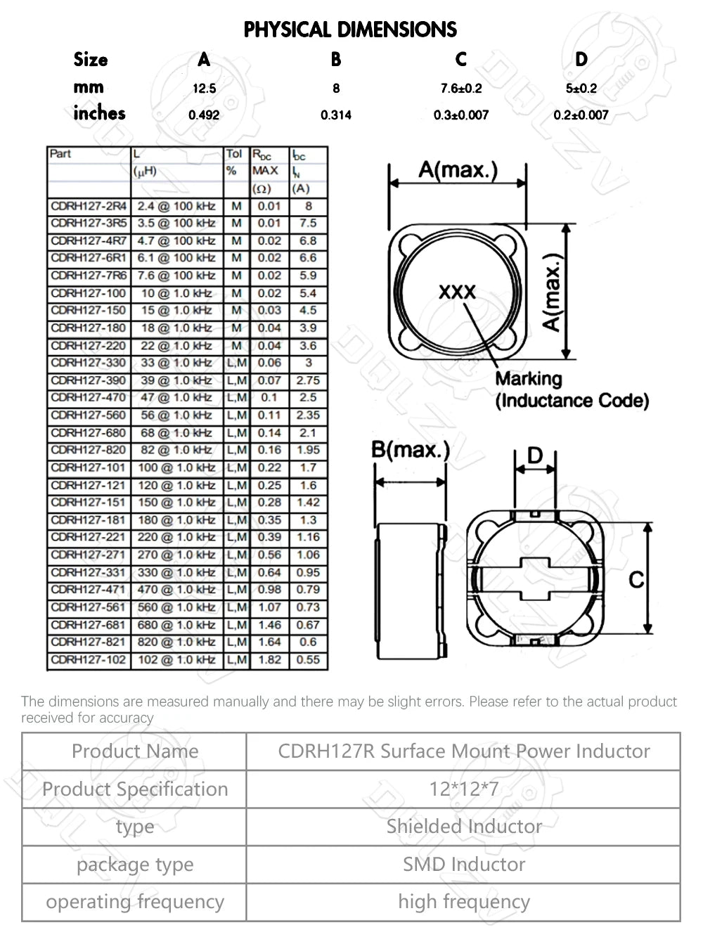 Technical drawing and dimensions of a surface mount power inductor with specifications.