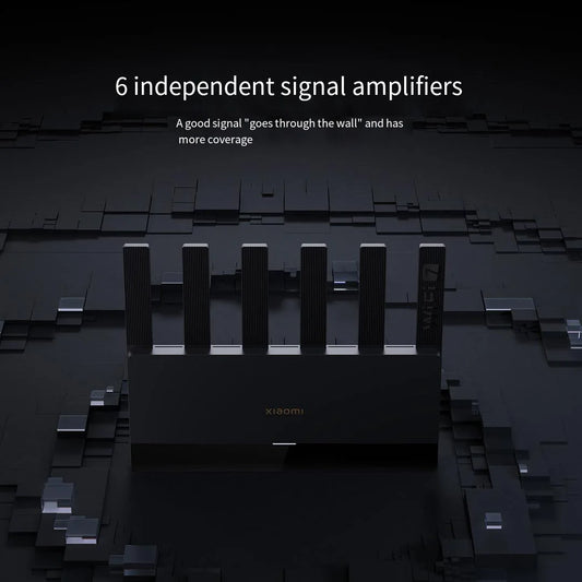 Xiaomi router with text about independent signal amplifiers on a dark background