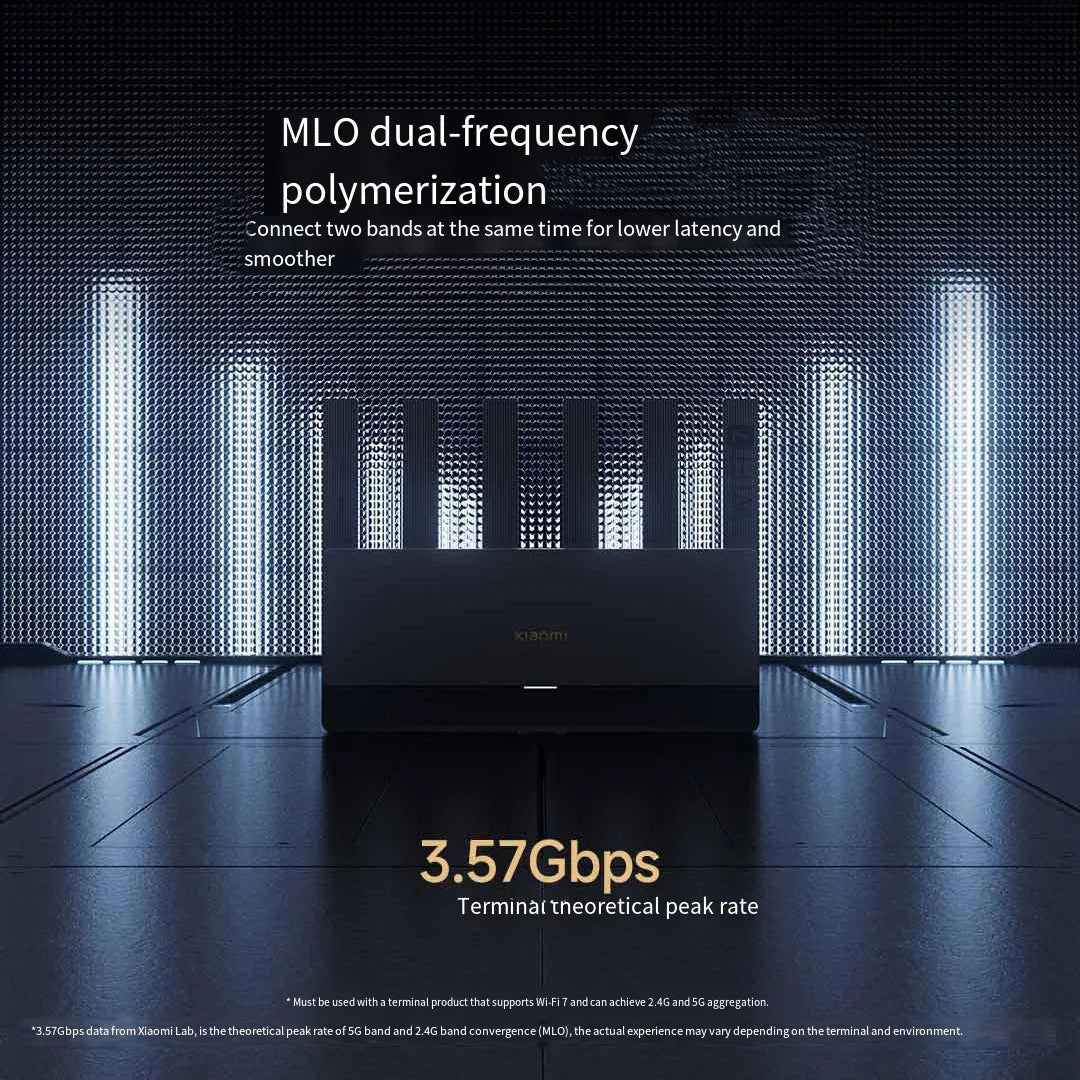 Electronic device with text about MLO dual-frequency polymerization and 3.57Gbps peak rate in a dark room.
