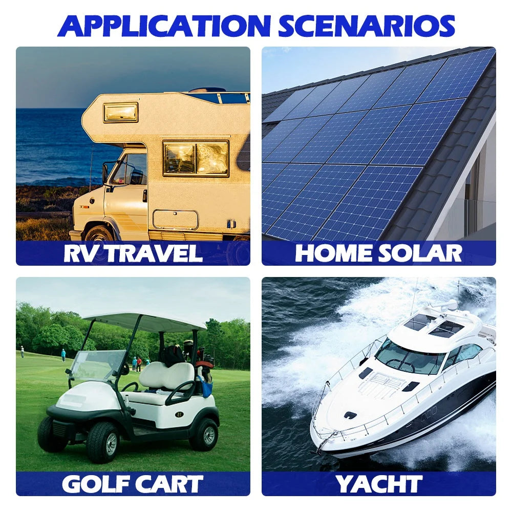 battery application for RV, solar panel, golf cart, yacht