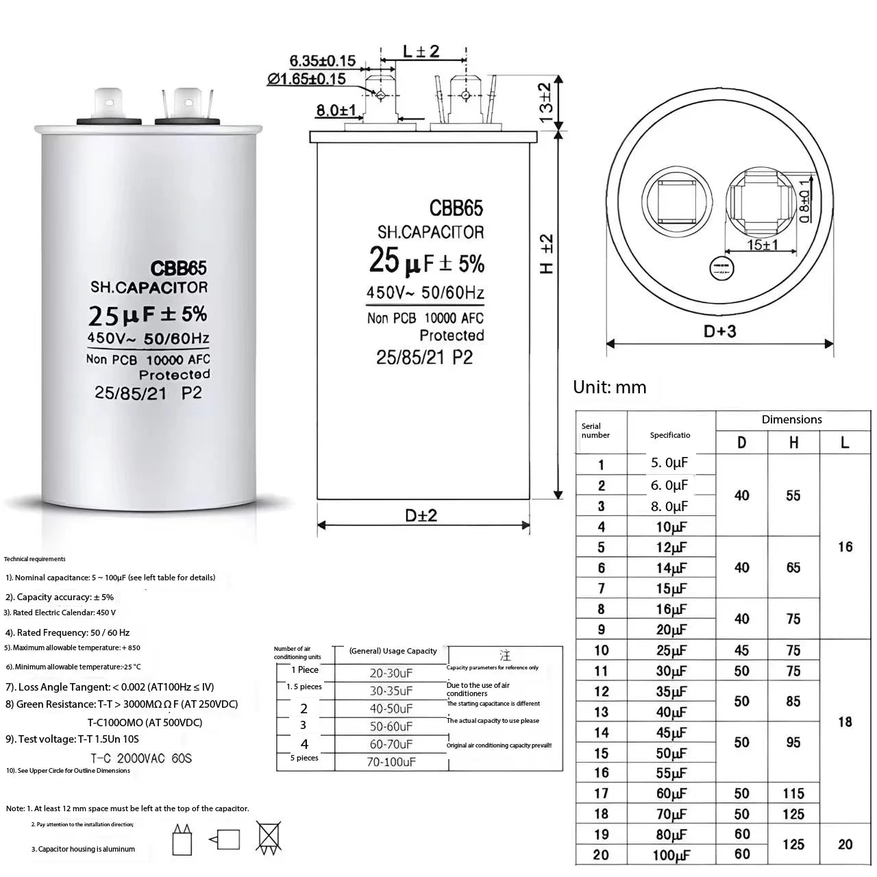 CBB65 450VAC - Air Conditioning Compressor Startup Capacitor