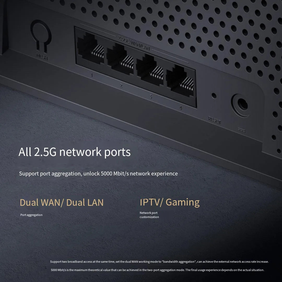 Network router with 2.5G network ports on a dark background