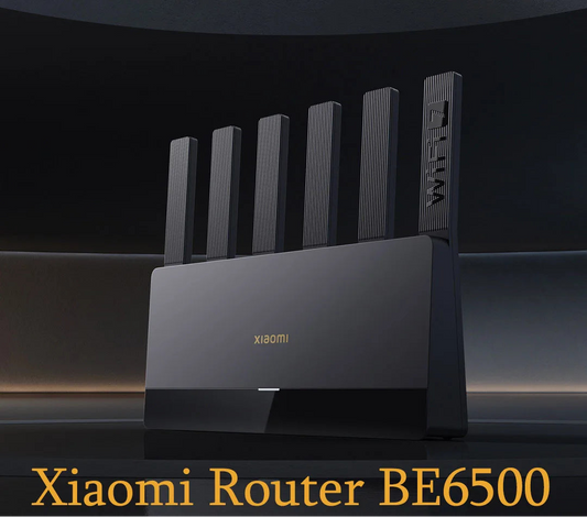 Xiaomi Router BE6500 with multiple antennas on a dark background, featuring Xiaomi's WiFi 7
