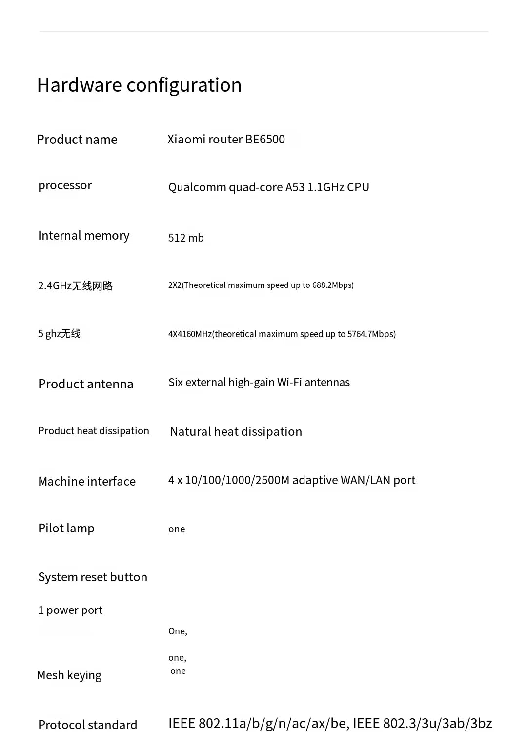 Technical specifications of Xiaomi router BE6500 on a white background