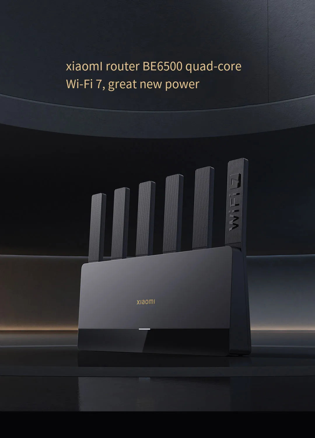 Xiaomi router BE6500 with quad-core Wi-Fi 7 on a dark background
