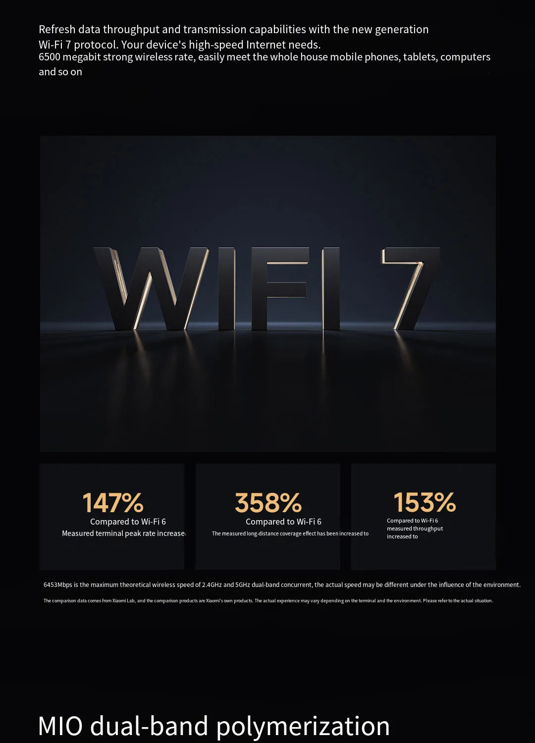 Advertisement for WiFi 7 technology with performance statistics on a dark background