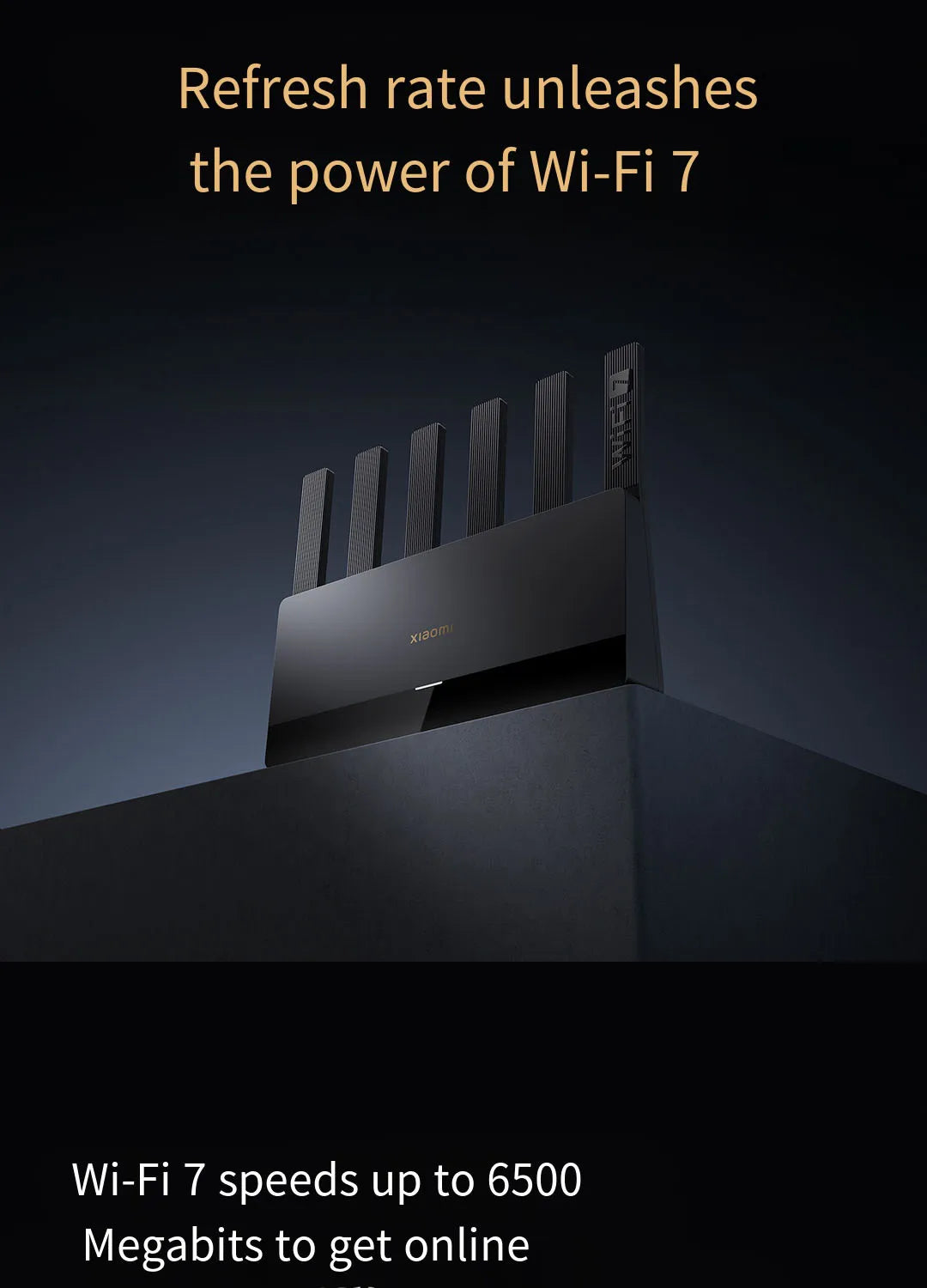 Wi-Fi 7 router with text highlighting its speed capabilities on a dark background