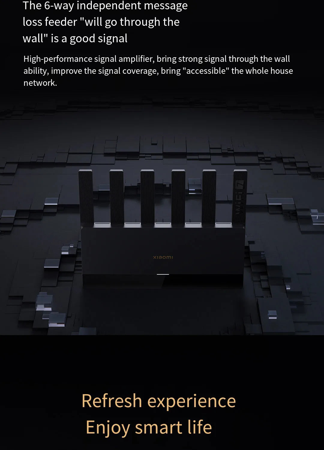 High-performance signal amplifier on a dark background with text about signal strength and smart life experience.