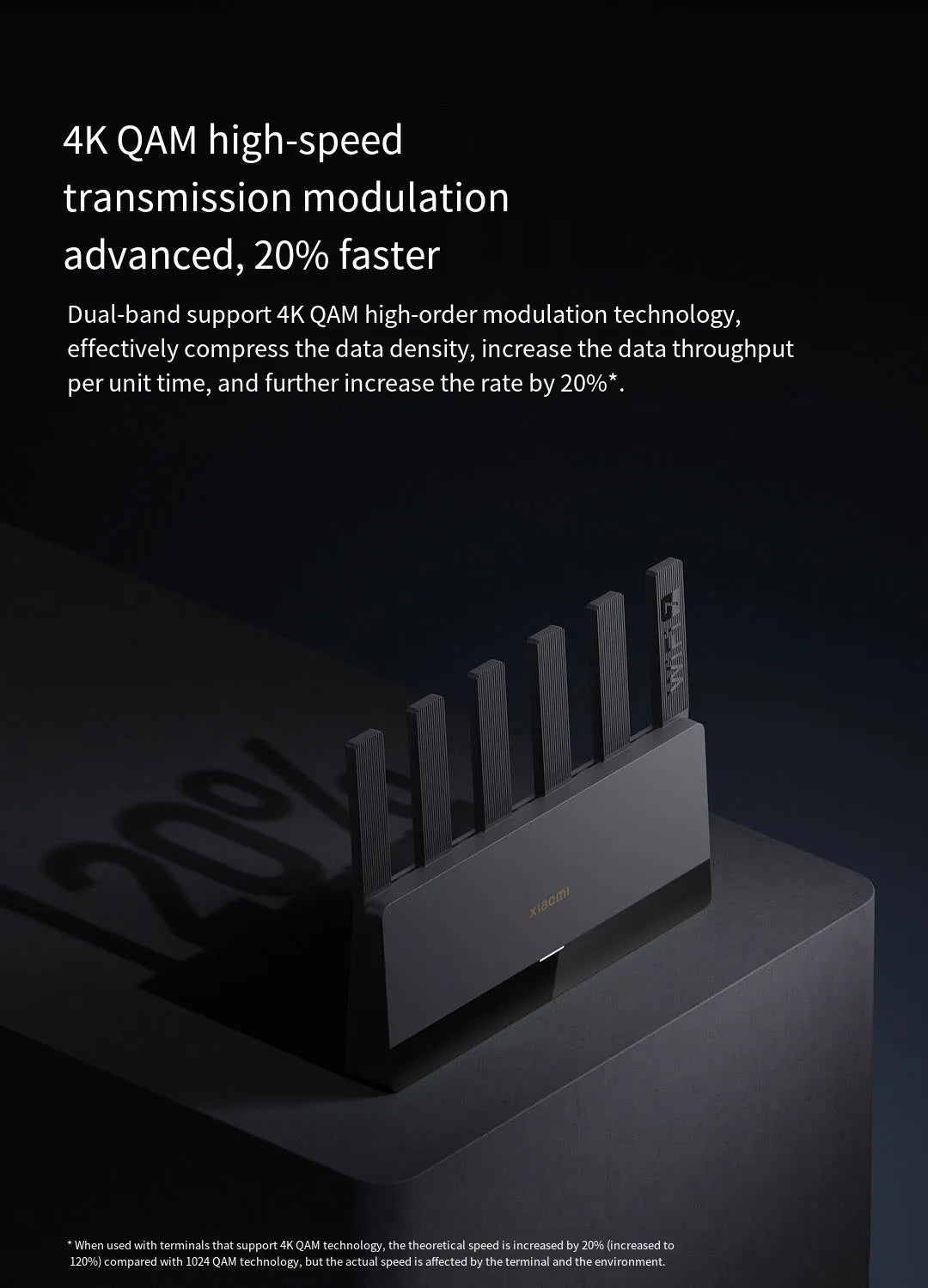 Black router with text about 4K QAM high-speed transmission modulation on a dark background