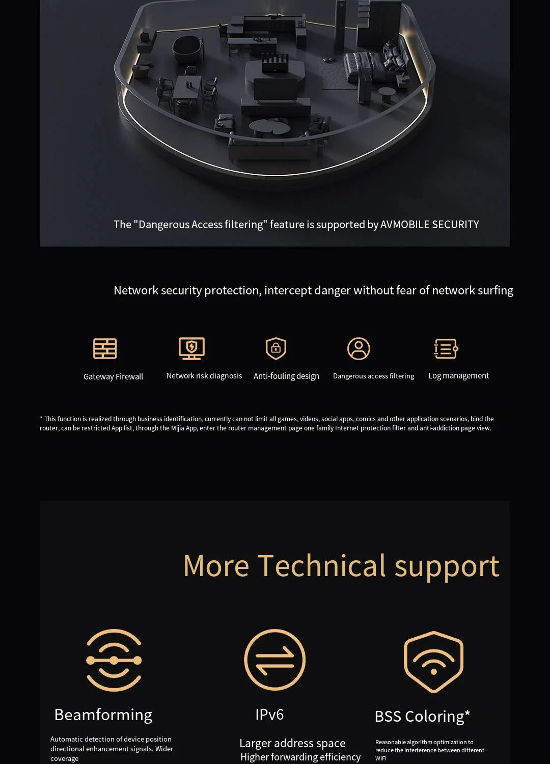 Technical diagram of a network security device with text about security features and support.