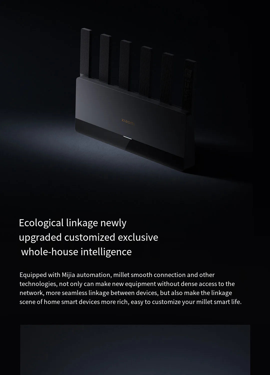 Smart home device with text about ecological linkage and customization on a dark background