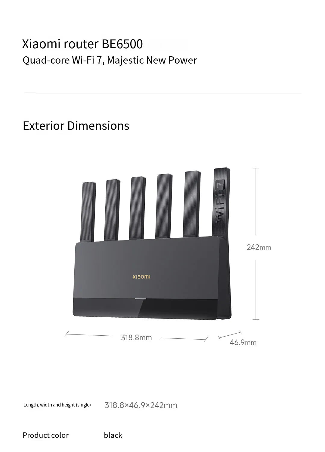 Xiaomi router BE6500 with dimensions on a white background