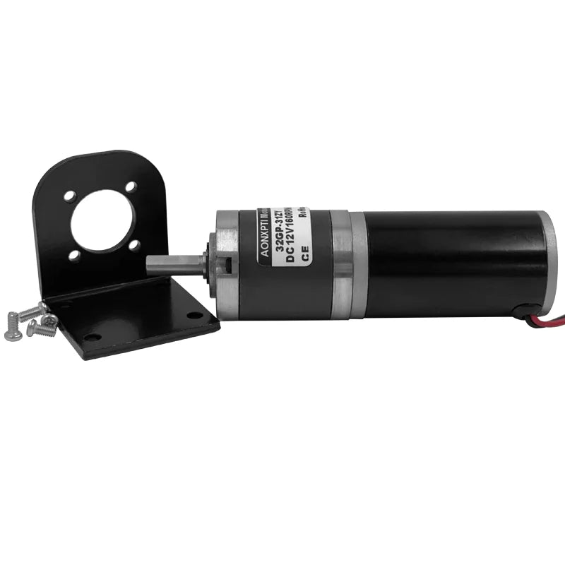 Black mechanical component with mounting bracket on a white background